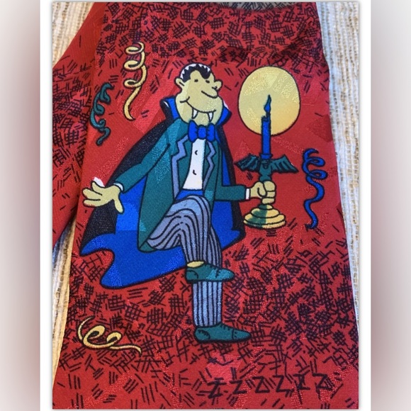 Mens HALLOWEEN DRACULA Silk Tie~Celebrations by Hallmark For Superba~Ex Cond~58” - Picture 5 of 13